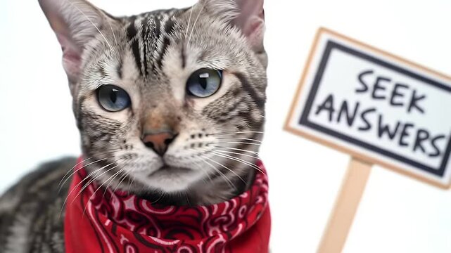 Funny Tabby Cat With Blue Eyes Wearing a Red Bandana Holding Seek Answers Sign in a Clean White Background Perfect for Stock Footage and Various Creative Projects