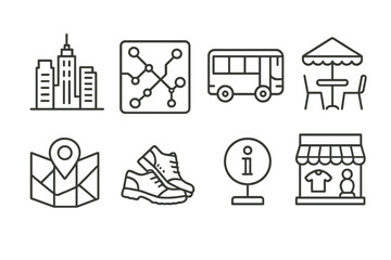 City Exploration Icons. Line style icons of city exploration: skyline, metro map, city bus, street cafe, map app, walking shoes,