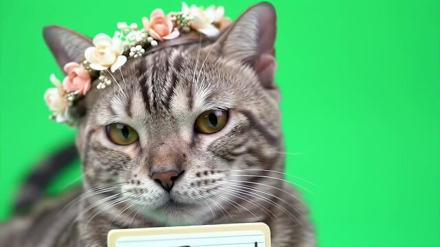 Funny Tabby Cat with Floral Crown Holds Stay Pawsitive Sign on Green Screen Background