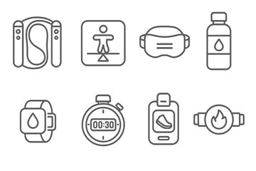 Fitness Smart Accessories. Line style icons of fitness smart accessories: smart jump rope, balance tracker, posture sensor,