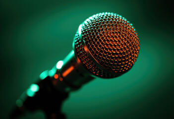 Close-up of a professional microphone with vibrant lighting and a blurred background
