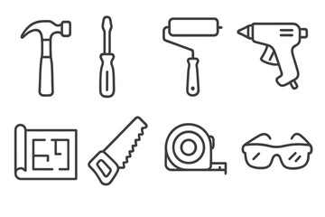 Fototapeta premium DIY Tool Icons. Line style icons for DIY projects: hammer, screwdriver, paint roller, glue gun, blueprint, saw, measuring tape,