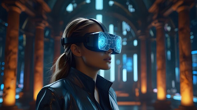 Woman wearing vr headset exploring metaverse future of augmented reality technology simulation