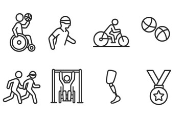 Adaptive Sports Icons. Line style icons for sports accessibility: wheelchair basketball, blind football, adaptive cycling, boccia
