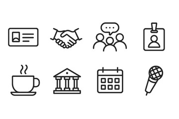 Networking Events Icons. Line style icons for networking events: business card, handshake, group chat, name tag, coffee cup, venue