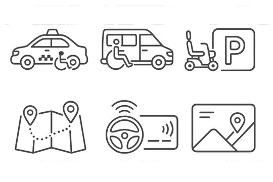 Transportation Assistance Icons. Line style icons for transportation assistance: accessible taxi, paratransit, mobility scooter,