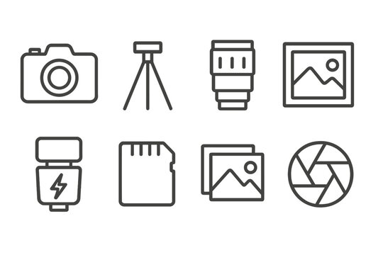Photography Icons Collection. Line style icons for photography hobbies: camera, tripod, lens, photo frame, flash, memory card,