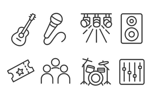 Concert Icon Collection. Line style icons for concerts: guitar, microphone, stage lights, speaker, ticket, crowd, drum set, sound