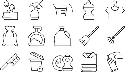 Cleaning Supplies Icons A Comprehensive Set of Line Art Graphics for Cleaning Businesses, Websites, and Applications