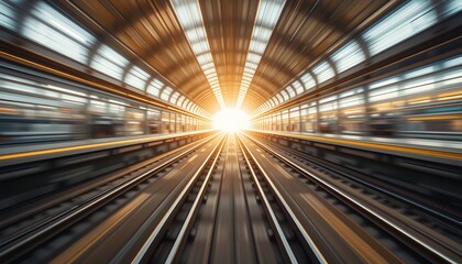 Obraz premium Dynamic perspective of illuminated modern train tracks inside a futuristic station tunnel