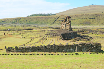 The Iconic Fifteen Moai Statues of Ahu Tongariki Ceremonial Platform on Easter Island, Chile, South...