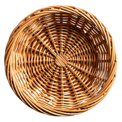  Overhead view of round tan wicker basket with natural light, isolated on transparent background PNG