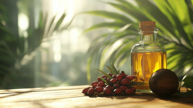olive oil in a glass flask on a wooden table