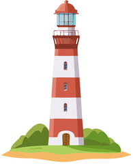 Cartoon Red and White Lighthouse Illustration – Coastal Beacon with Green Landscape