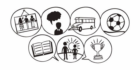 Journey of Life Illustrated Bubbles of Learning Family Friendship Education Travel Sports and Success Icons
