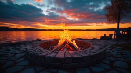 Lakeside bonfire at sunset