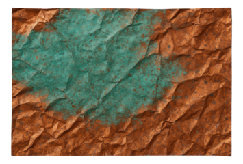 Rustic textured crumpled paper with brown and turquoise hues creating an abstract marbled effect on transparent background.