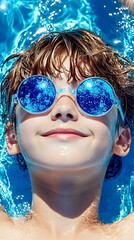 Naklejka premium Boy floats, pool, summer fun, sunny day