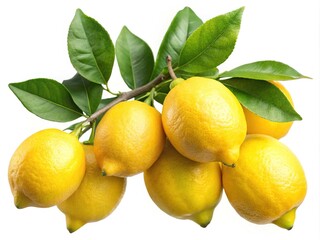 A vibrant cluster of fresh yellow lemons still attached to the branch