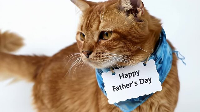 Ginger Tabby Cat Adorned with Blue Bandana and Happy Father's Day Sign on Clean White Background in Bright Studio Lighting Perfect for Pet and Holiday Themes