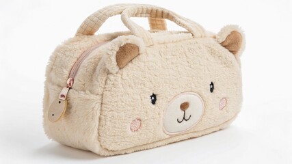 Close-up of a toddler’s mini travel bag shaped like a cute bear, with soft fabric texture and cute face details, on white background