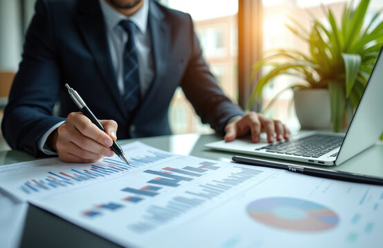 Business person analyzes financial data. Man in suit works laptop, examines charts, graphs, reports in office with plants, sunlight. Finance, investment, work environment. Pro workspace for corporate