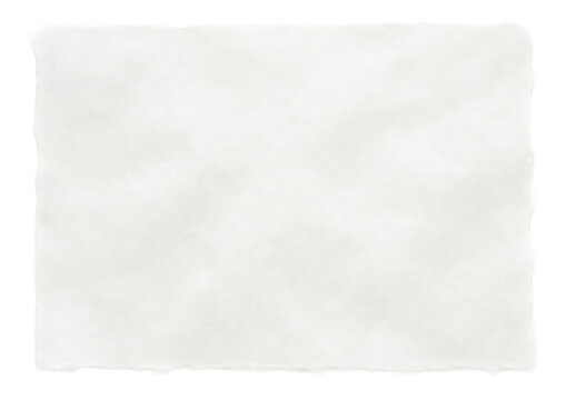 A piece of white textured handmade paper with uneven edges on transparent background.
