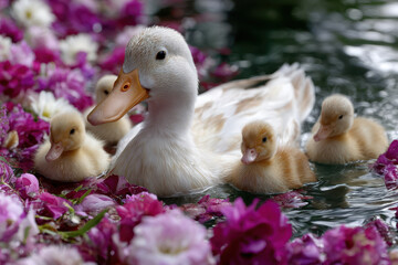 Mother duck swims with adorable ducklings among colorful flowers in serene pond