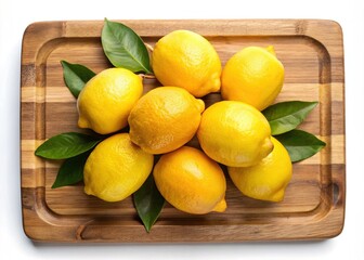 Vibrant Pile of Fresh Lemons and Green Leaves on a Wooden Board