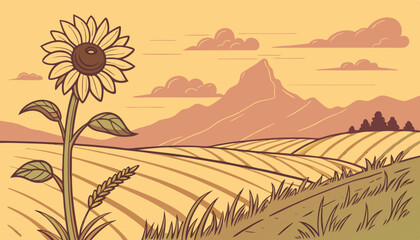 single sunflower standing in golden field at sunset with mountain view lifestyle nature concept warm light rustic countryside aesthetic    