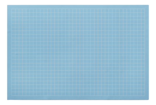 Blue cutting mat with a white grid pattern marked in squares for precise crafting and measurements on transparent background.