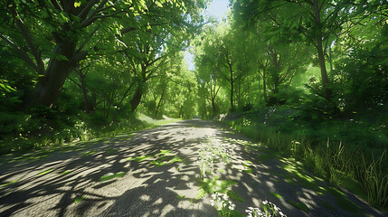 Serene Sunlit Forest Paths: Morning Light Filtering Through Lush Canopies
