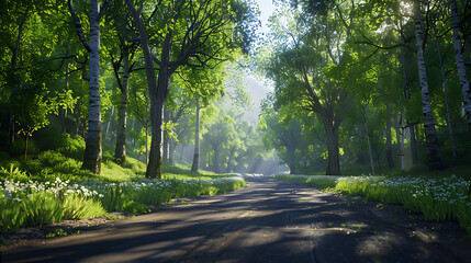 Naklejka premium Serene Sunlit Forest Paths: Morning Light Filtering Through Lush Canopies