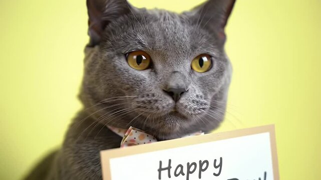 Gray British Shorthair Cat with Bow Tie Holding Happy Birthday Sign on Yellow Background - Powered by Adobe