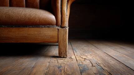 Torn Leather Sofa with Visible Rips and Rustic Wooden Legs in a Dimly Lit Interior Space