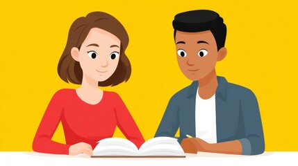 Fototapeta premium Two Diverse Students Studying Together Over An Open Book Against A Bright Yellow Background