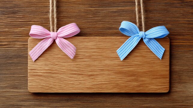Wooden Nameplate Adorned with Pink and Blue Ribbons Hanging Against Rustic Background