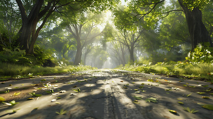 Serene Sunlit Forest Paths: Morning Light Filtering Through Lush Canopies