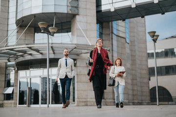 Three business professionals are seen walking with purpose in front of a contemporary glass building, reflecting a professional demeanor and teamwork in a corporate environment.
