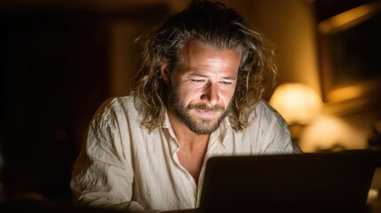 Man With Long Hair Working Late Night on Laptop in Cozy Home Environment