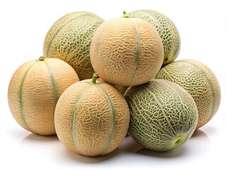 Pile of fresh cantaloupe melons stacked on white background with natural light