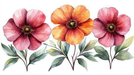 Fototapeta premium Three Floral Blooms Elegant Watercolor Flowers Painting Artistic Spring Blossom on White Backdrop