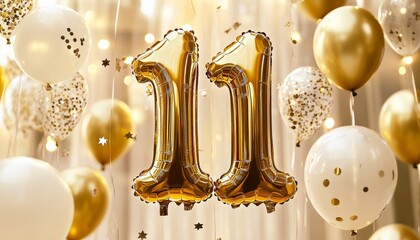Golden Number 11 Balloons With Festive Balloons And Confetti For Eleventh Birthday Party