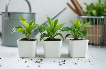Obraz premium Three young green plants in white pots. Seedlings in pots on the white table. Gardening concept springtime. Gardening, eco, organic farming, home gardening concept.
