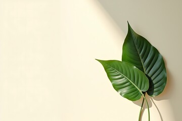 Minimalist green leaves plant on beige background with sunlight aesthetic nature photography studio shot 