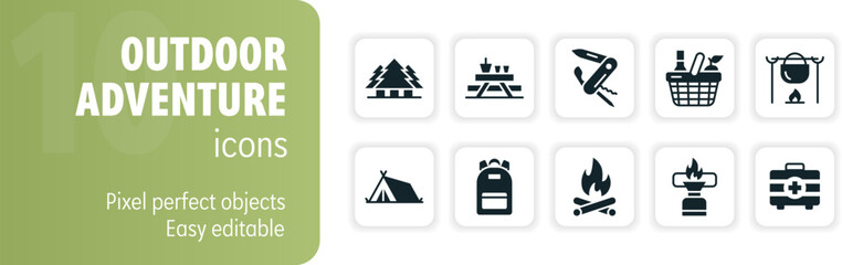 Simple black and white icon set featuring camping and outdoor recreation themes