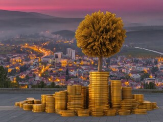Obraz na płótnie Canvas Golden tree on coins, city skyline