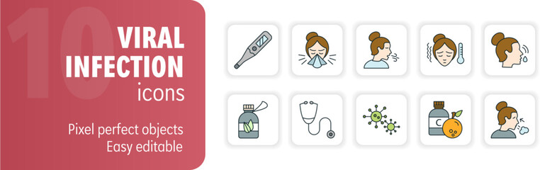 Viral infection symptoms and prevention editable stroke icon set