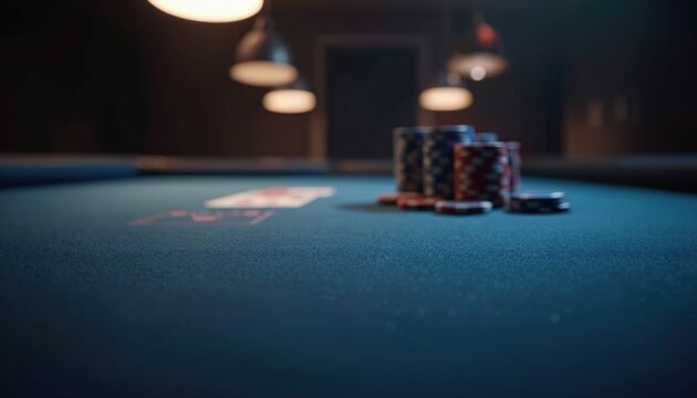 Casino table illustration with poker chips and playing cards, dark blue felt cloth. Gambling concept, luxury lifestyle, online gaming, poker game, betting, winner or loser.