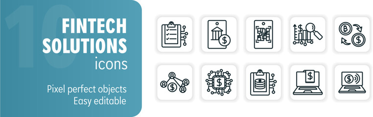 Fintech solutions set of modern bold line icons including online banking, cryptocurrency, financial technology